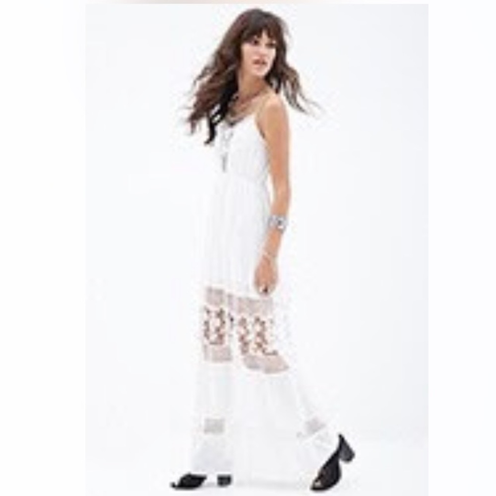 New F21 white boho crochet detail maxi dress